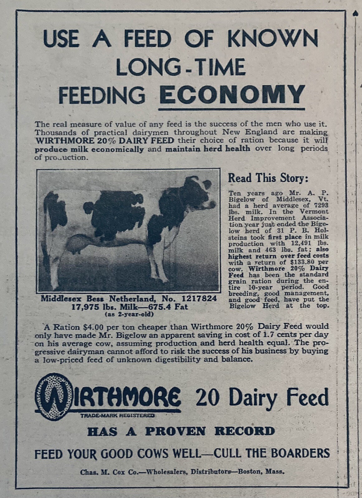 1934 AD.(XH50)~WIRTHMORE DAIRY FEED, BOSTON. CATTLE SUPPLEMENT FEED