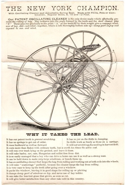 New York Champion (Horse Dump) Wheel Hay Rake, Brochure Patten, Stafford + 1880′