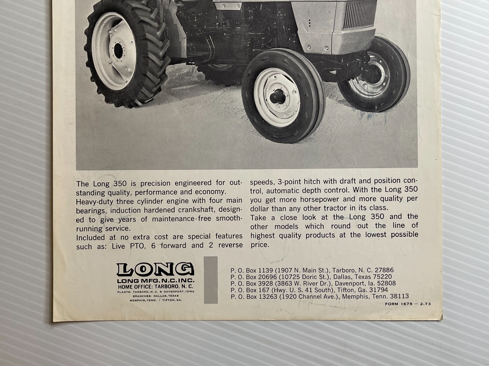 Long 350 Diesel Tractor Sales Brochure *1973* (Showroom Sales Sheet)