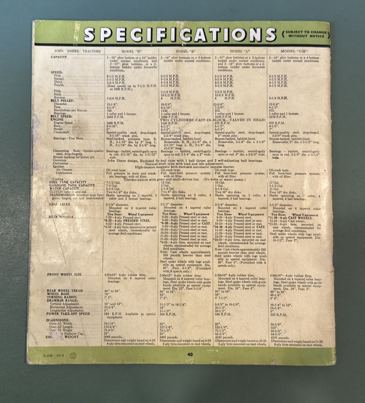 John Deere A B G H Tractor For 1941 Brochure A-456-45-3 ?1941
