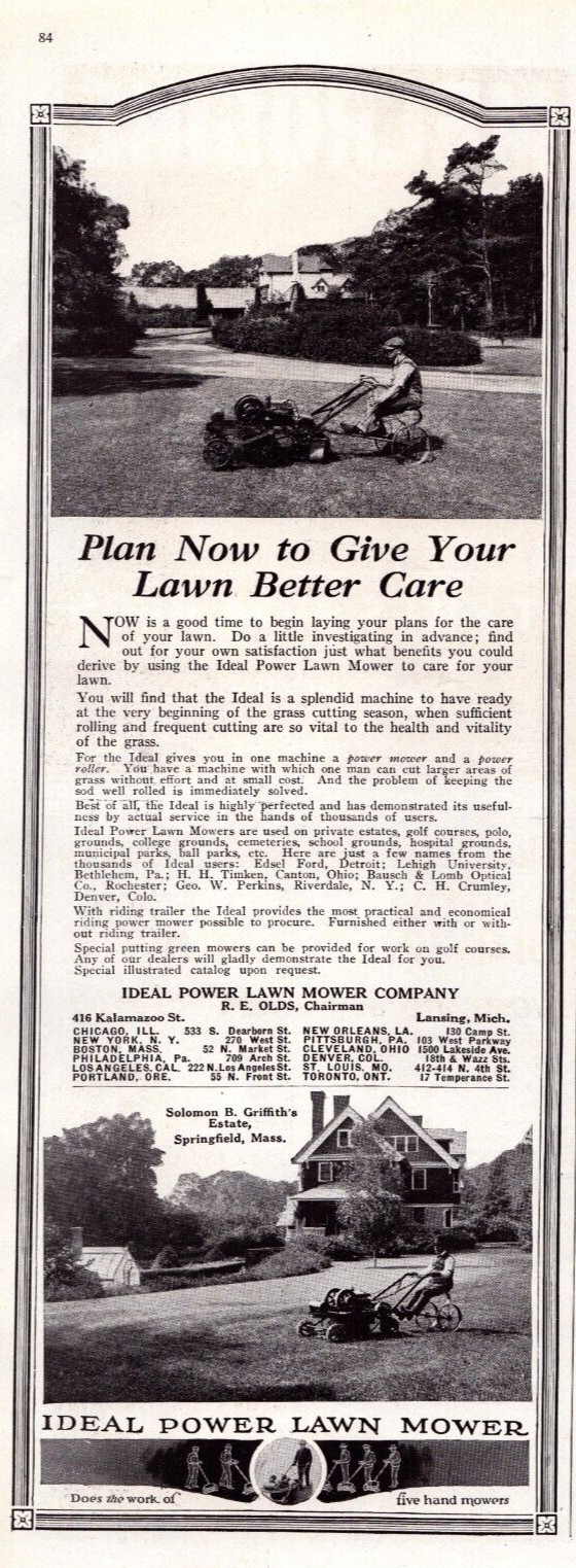 1921 IDEAL POWER LAWN MOWER Grass Cutter Décor Ephemera Vintage 20’s Print Ad