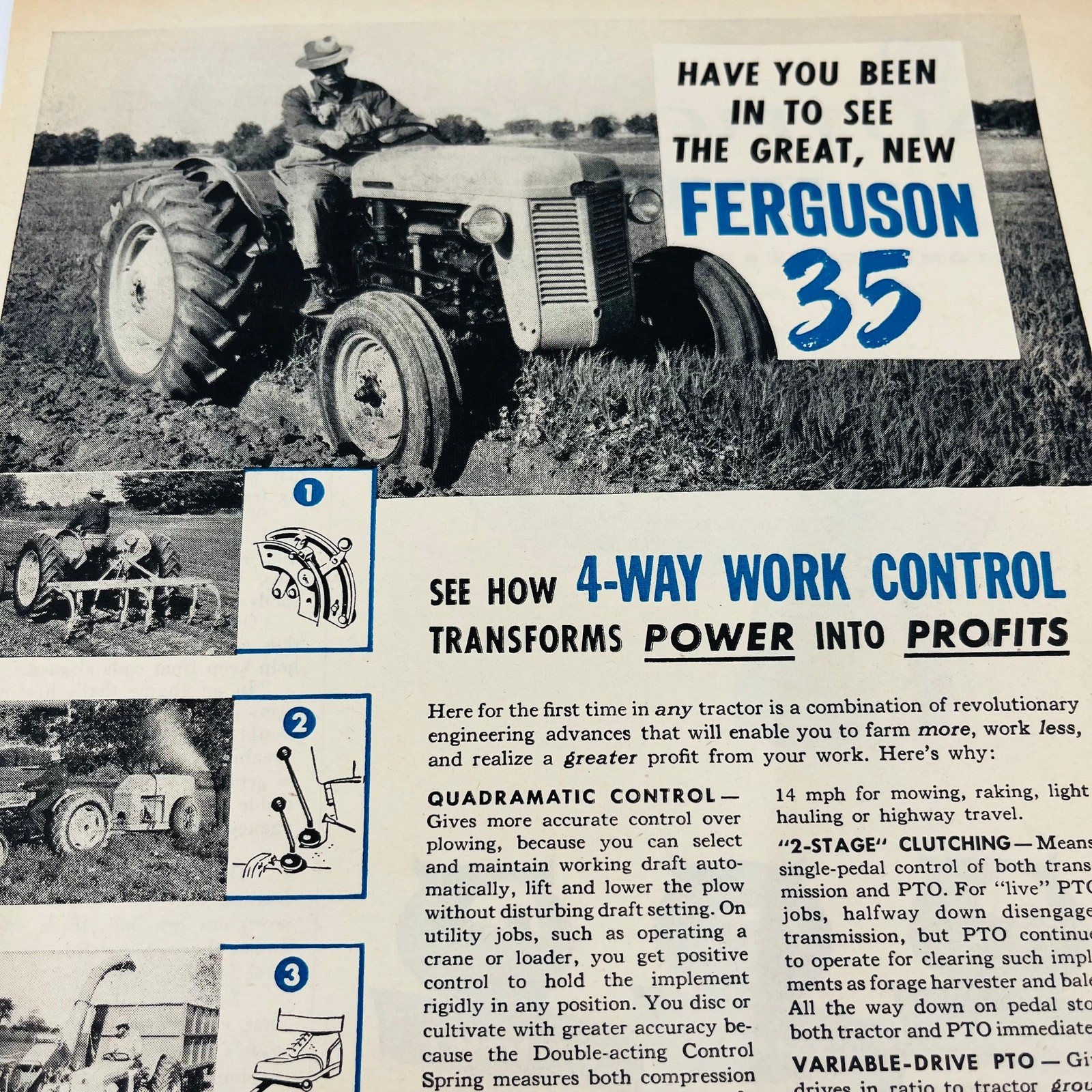 Vintage Advertisement FERGUSON 35 Tractor 4-Way Work Control Farmer Riding AA1