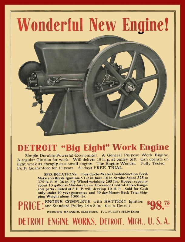Vintage Look Detroit Engine Works New Metal Sign: 10 HP Gas Engines – Michigan