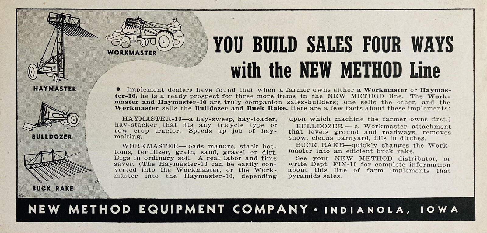 1946 AD.(XF18)~NEW METHOD EQUIPMENT CO. INDIANOLA, IOWA. WORKMASTER-HAYMASTER