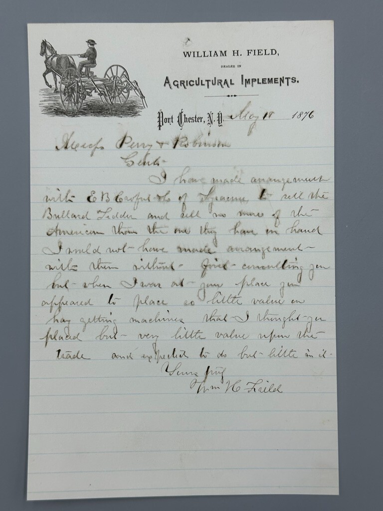 1876 William FIELD Agricultural FARM Advertising Letter PORT CHESTER NY Antique