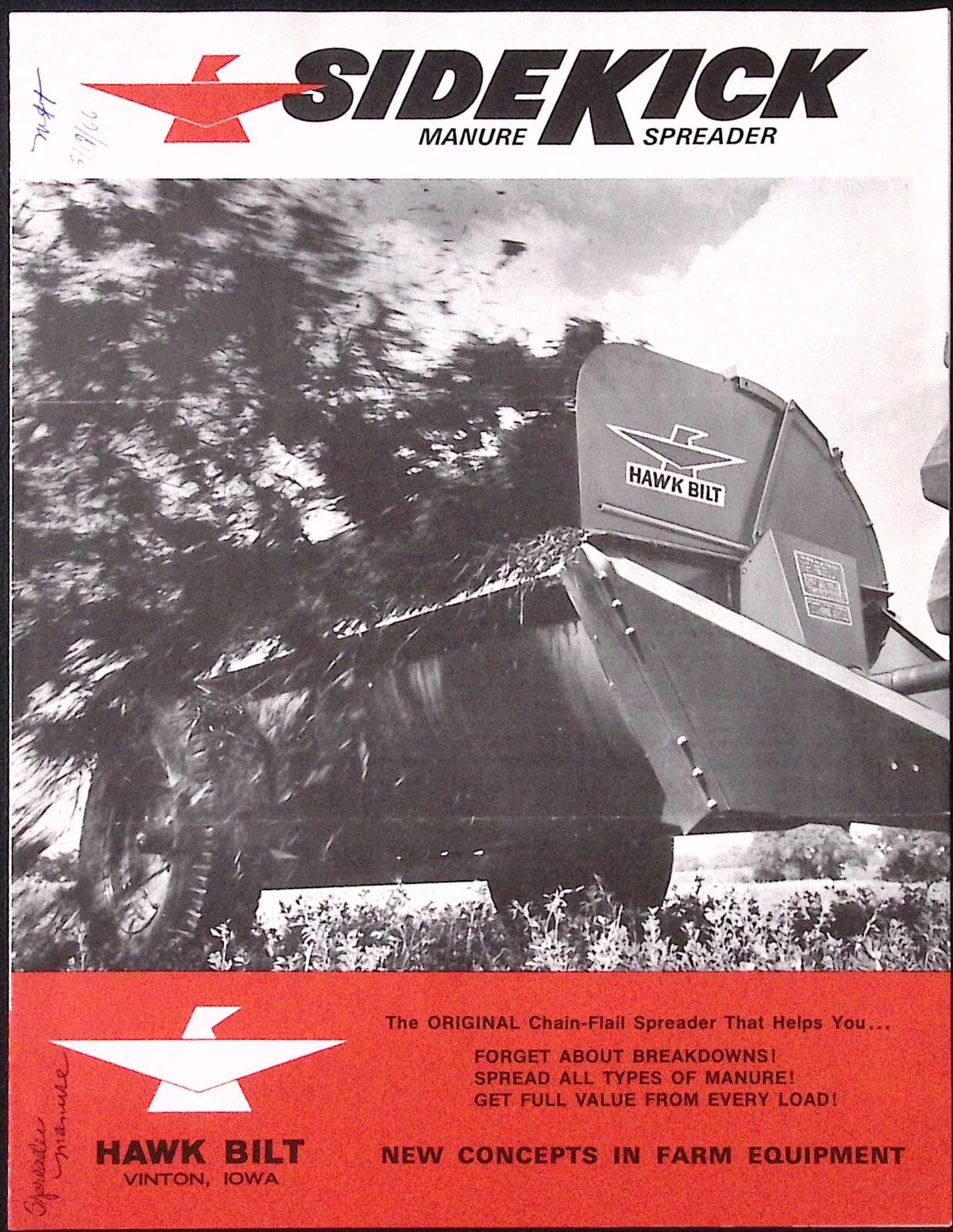 1966 Hawk Bilt Sidekick Manure Spreader Brochure Vinton IA