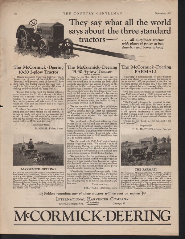 1927 MCCORMICK DEERING FARMALL INTERNATIONAL HARVESTER TRACTOR ENGINE AD 10311