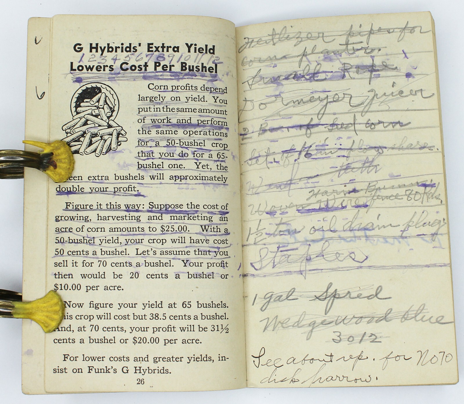Vintage 1943 FUNK’S HYBRID Columbiana’s Corn Data Notebook
