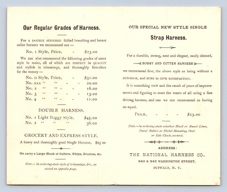 1800’s Antique NATIONAL HARNESS Victorian PRICE LIST Trade Card BUFFALO NEW YORK