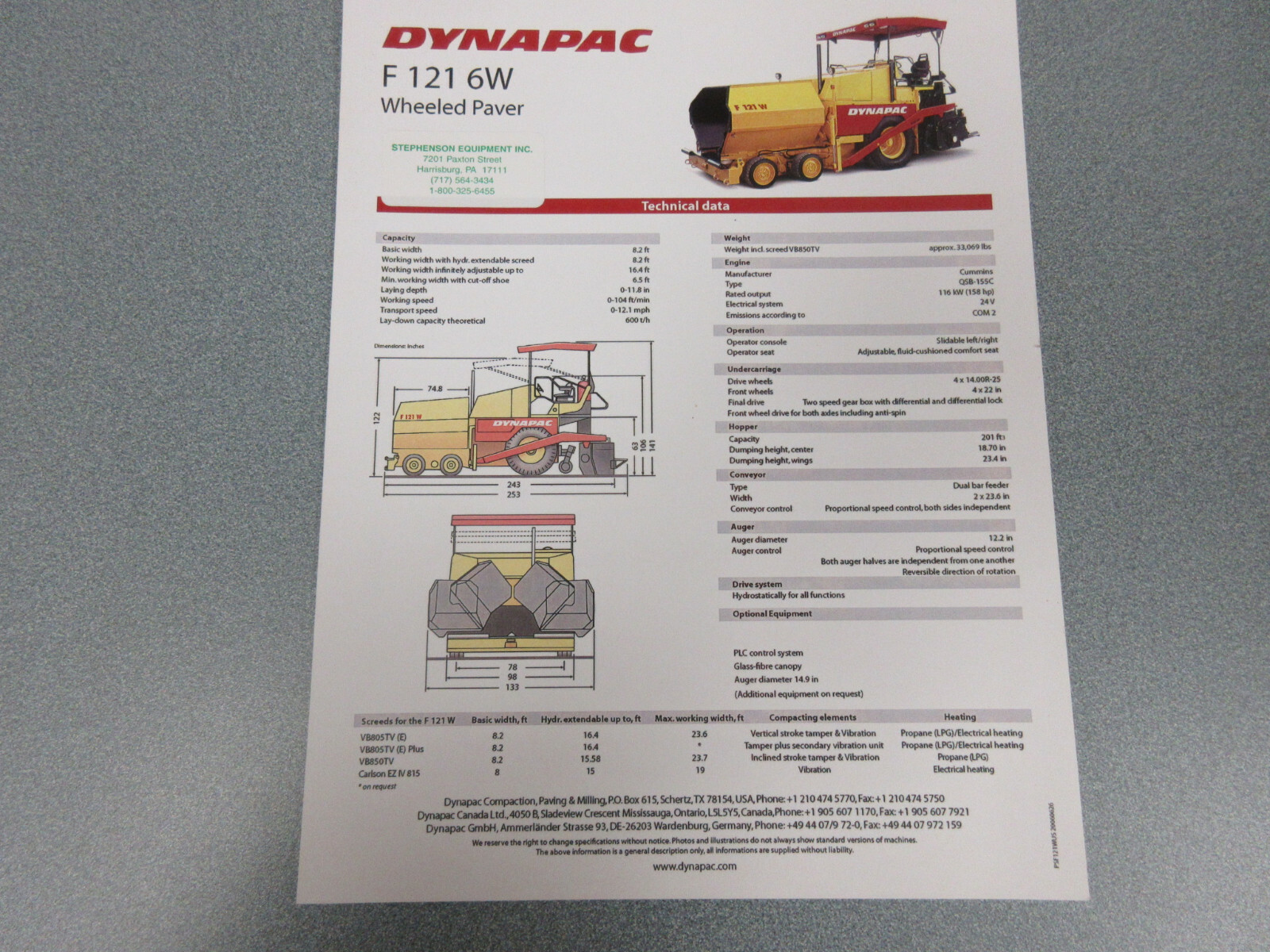 Dynapac F 121 6W Asphalt Paver Brochure 1 Page