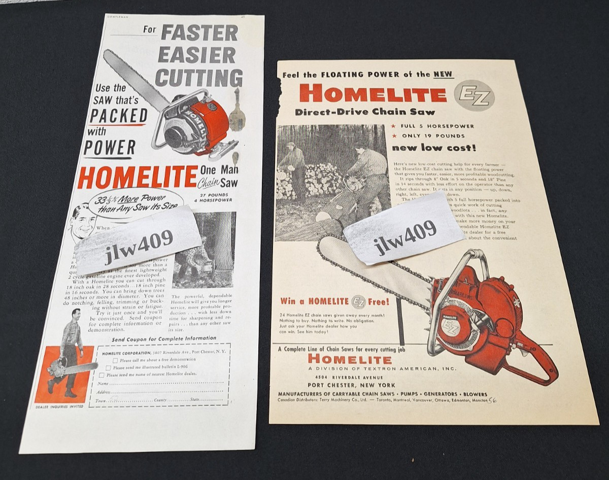 2 Vintage 1952 1956 HOMELITE CHAINSAW Original Print Ads Magazine Ad