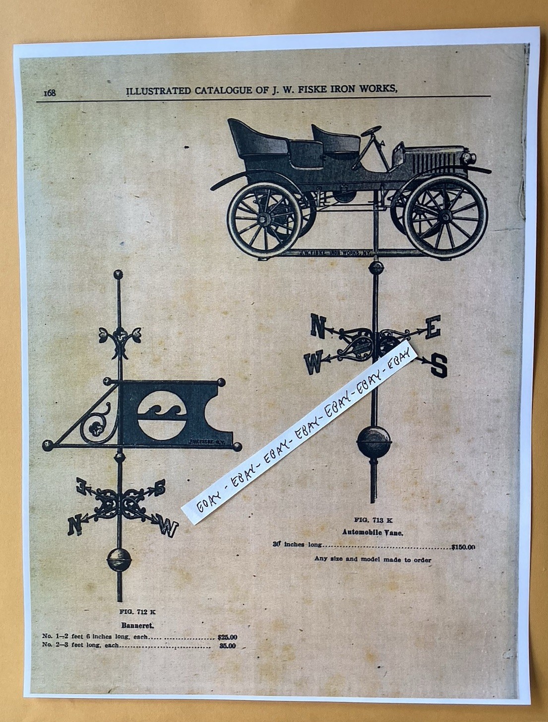 1910 RARE AUTOMOBILE WEATHER VANE 30” LONG $150 COST JW FISKE IRON WORKS NEW AD