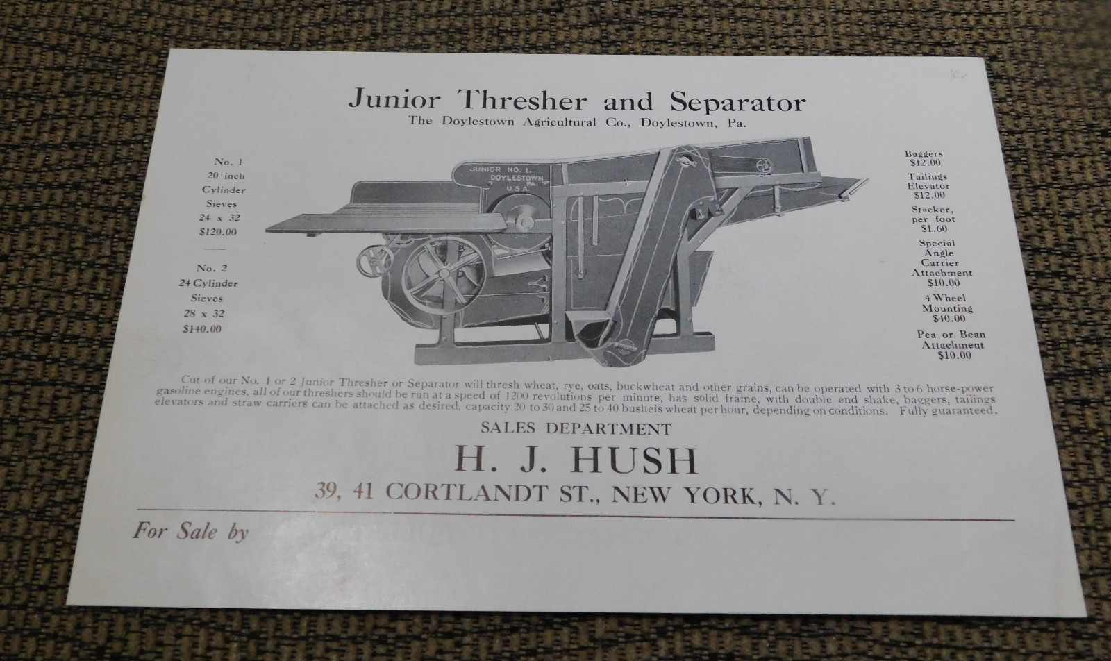 1910’s H.J. Hush Junior Thresher and Separator Tear Sheet Ad Brochure 6″ x 9″