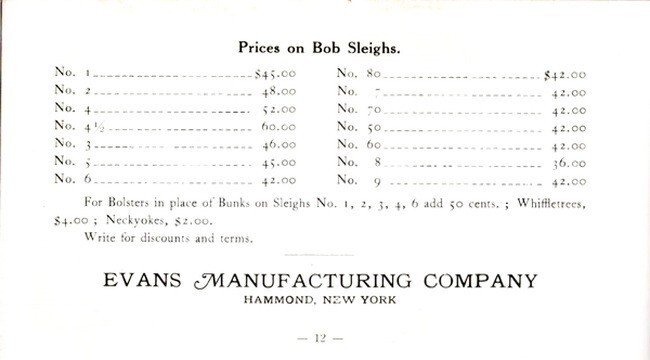 Catalog of Bob Sleighs, The Evans Manufacturing. Co, Hammond, NY, 1890