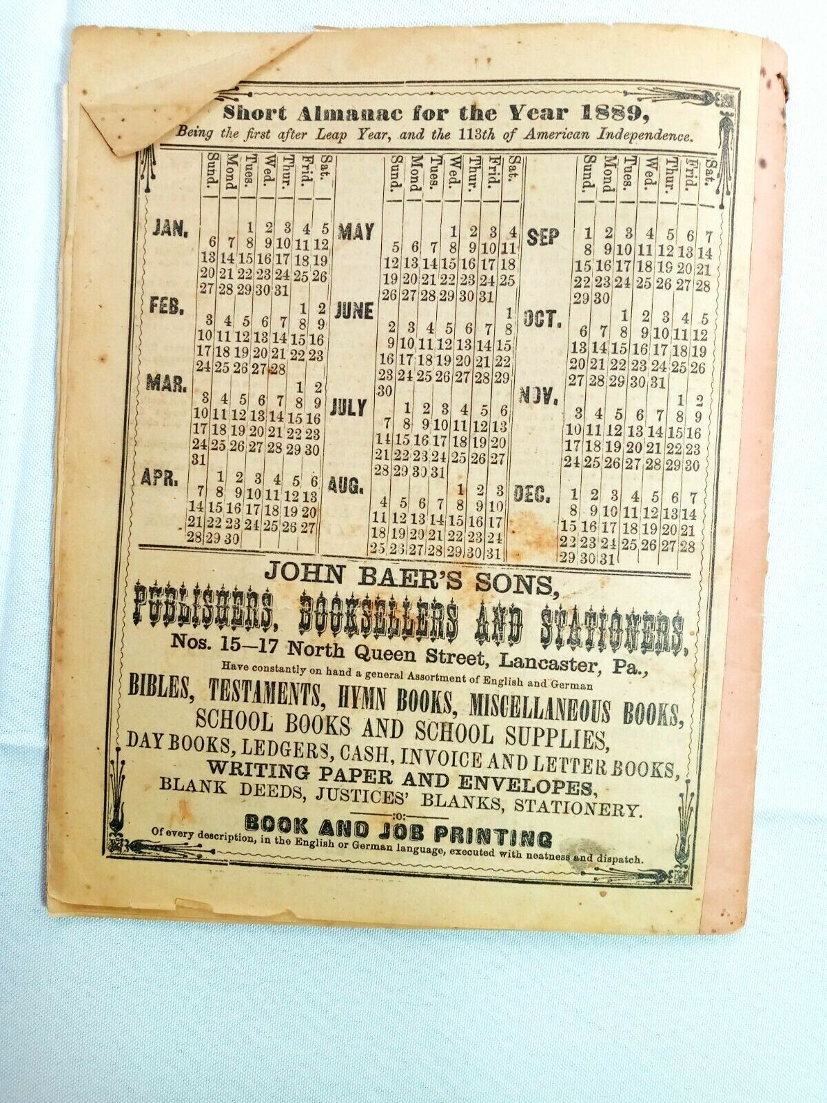 John Bear Baer’s Agricultural Almanac Lancaster, PA Antique Farmers Vintage 1889