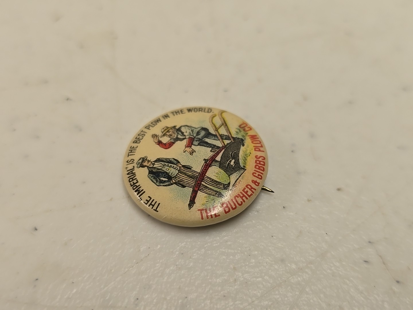 Antique 7/8″ Bucher & Gibbs Imperial Plow Advertising Celluloid Pinback