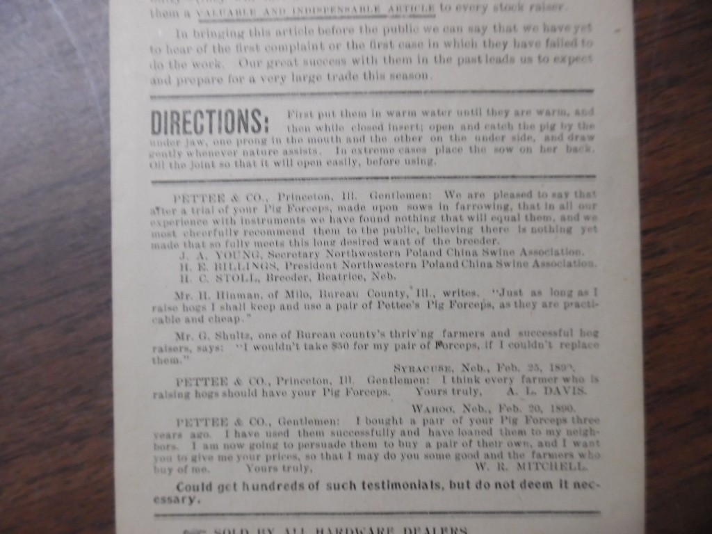 1890 Pettee’s Pig Forceps Advertising Broadside Princeton IL Veterinary Antique