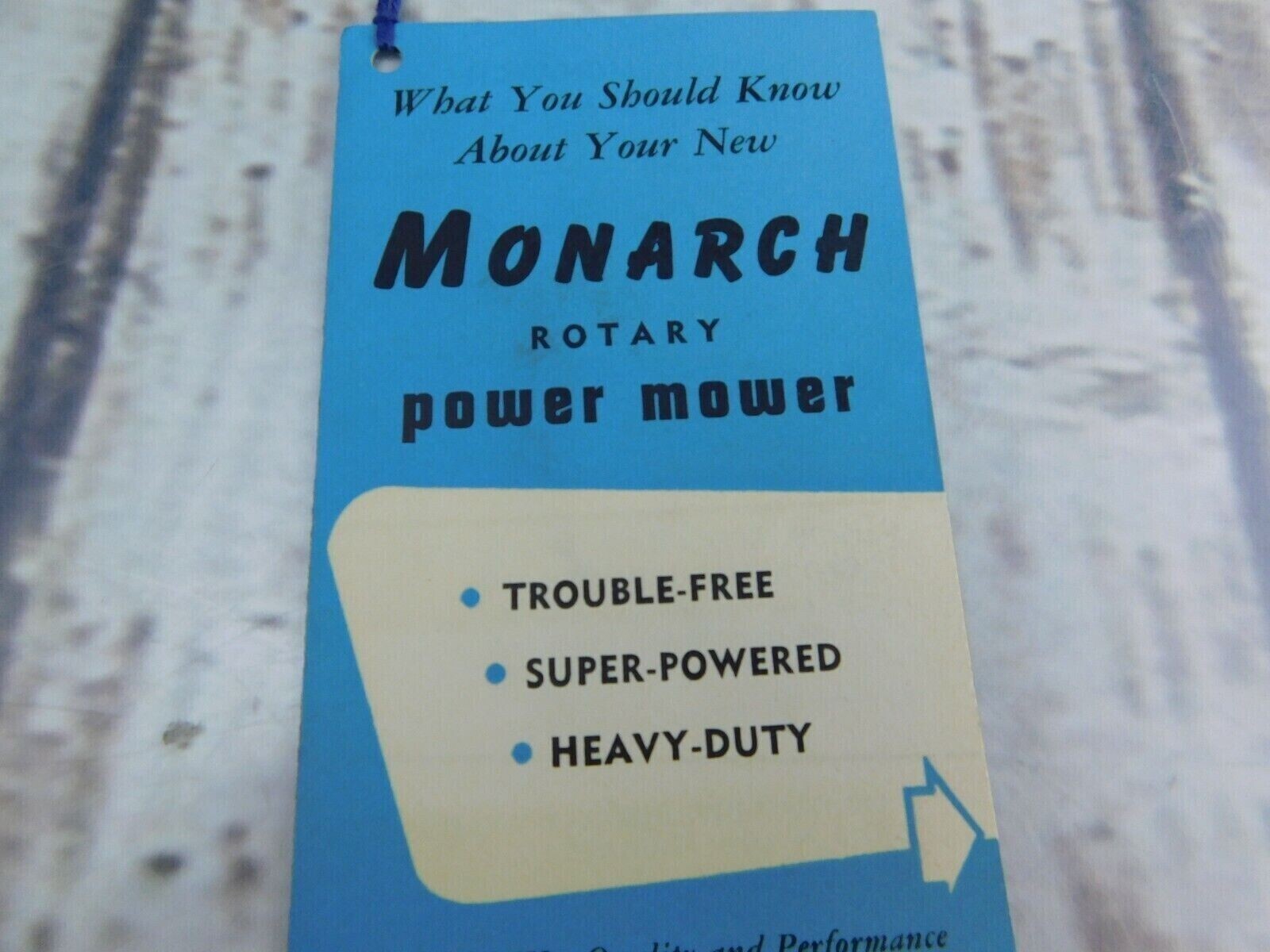 Vtg Original Monarch Rotary Power Mower Heineke & Co Hang Tag
