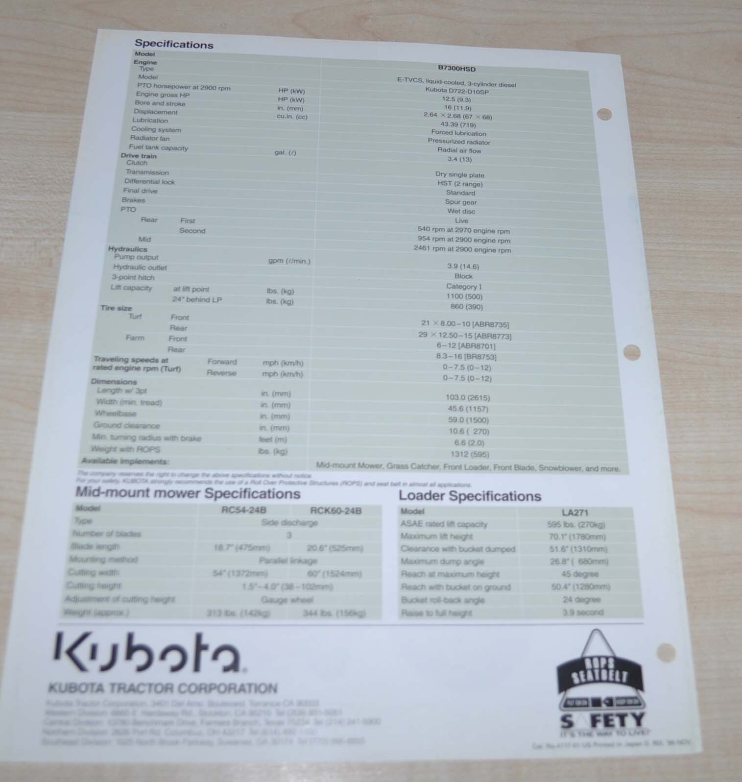 Kubota B7300HSD 4WD Compact Diesel Tractor Japanese Brochure