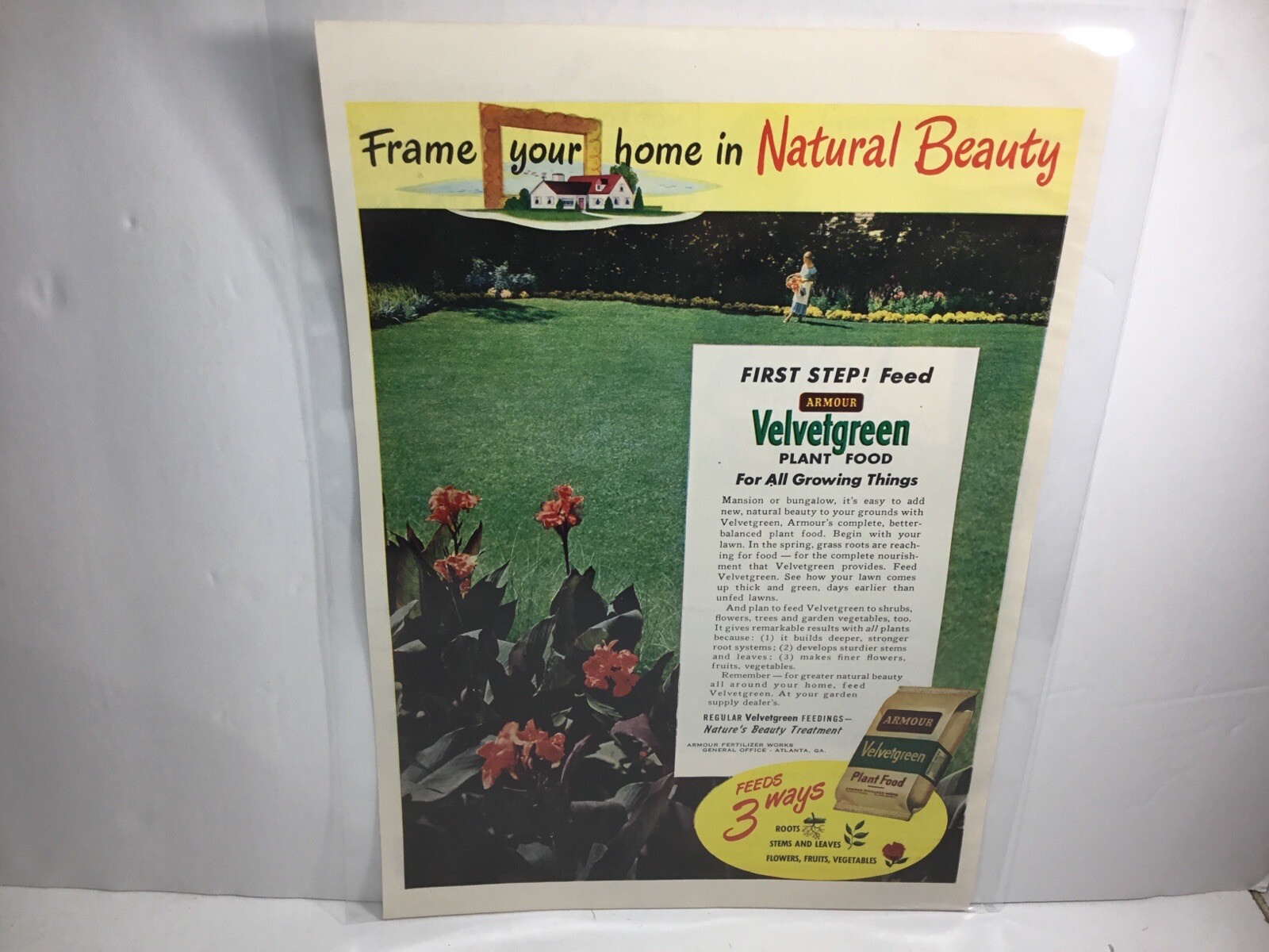 1949 Armour Velvetgreen Plant Food, Nature’s Beauty Treatment. Original Print Ad