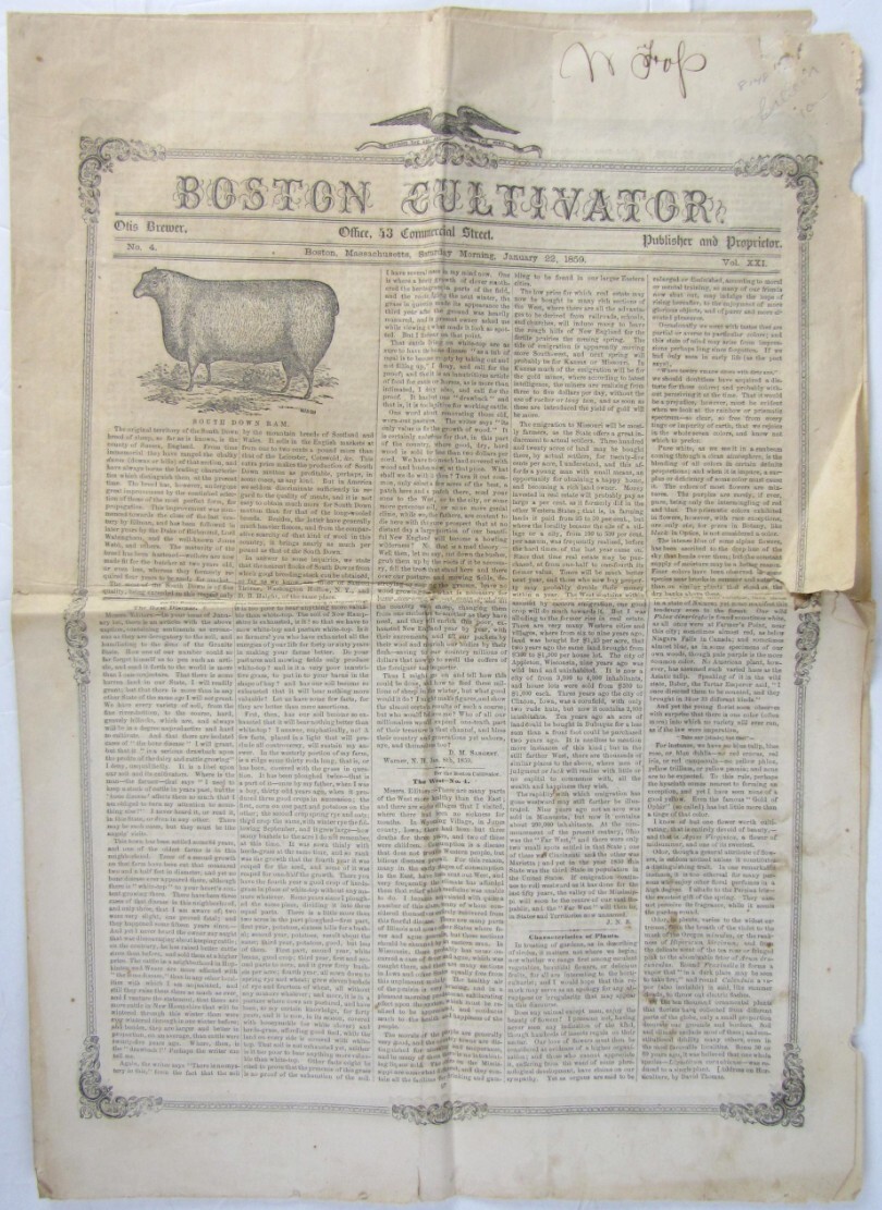 Antique 1859 Boston Massachusetts Farm News Newspaper