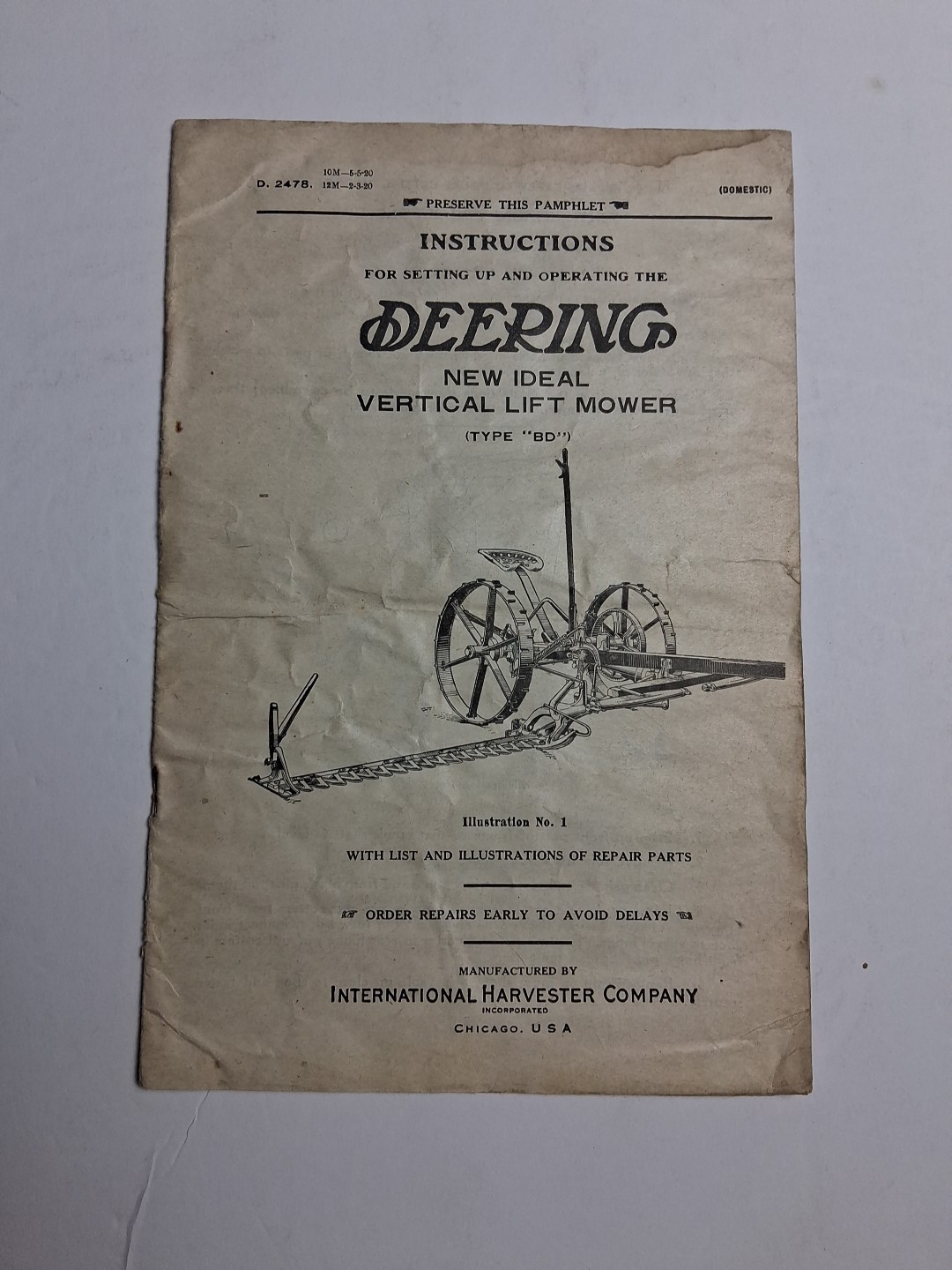 Derring New Ideal Vertical Lift Mower Type BD 1920s Dealer Brochure