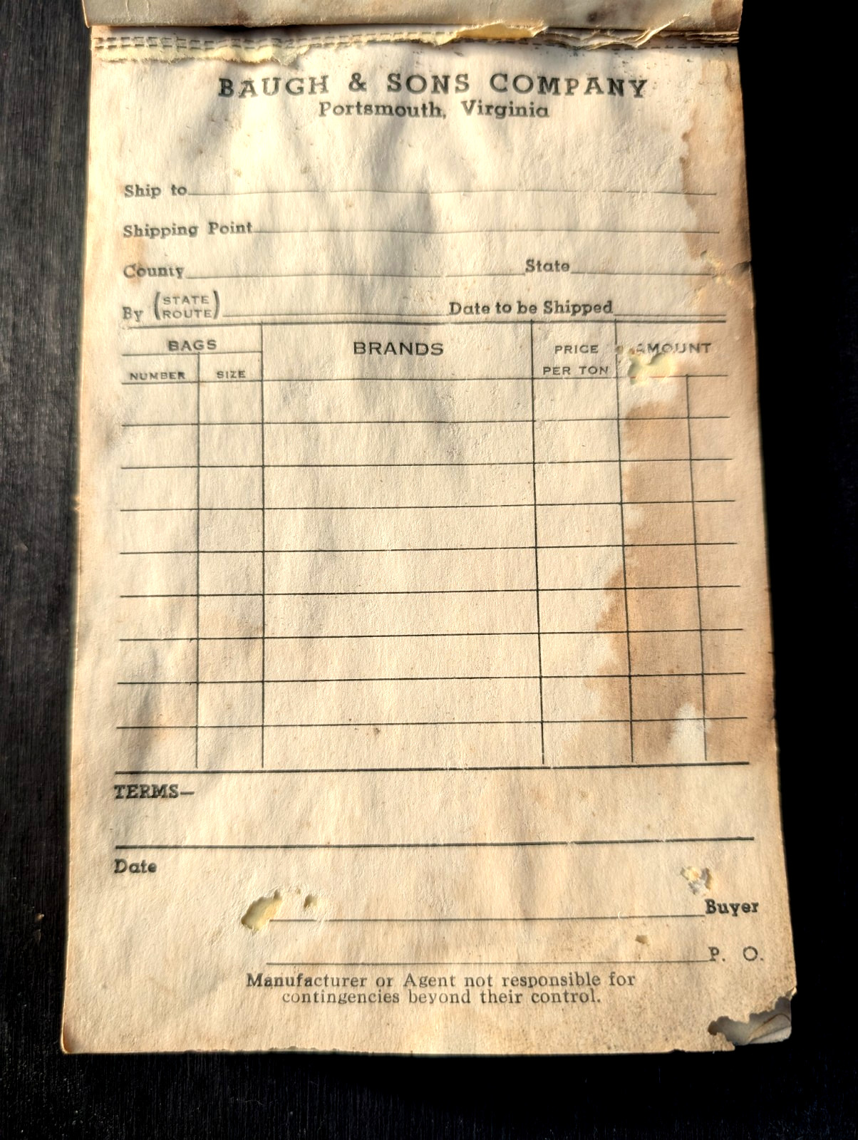 BAUGH & SONS COMPANY Portsmouth Virginia Vintage Old Sales Consumer’s Order Book