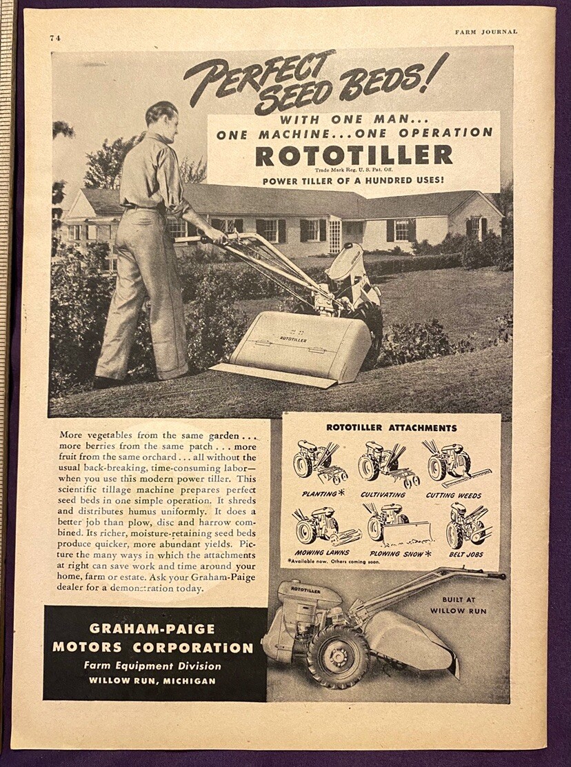 Large Original 1946 GRAHAM-PAIGE Rototillers Print Ad LOT. FRAZER Tractors.