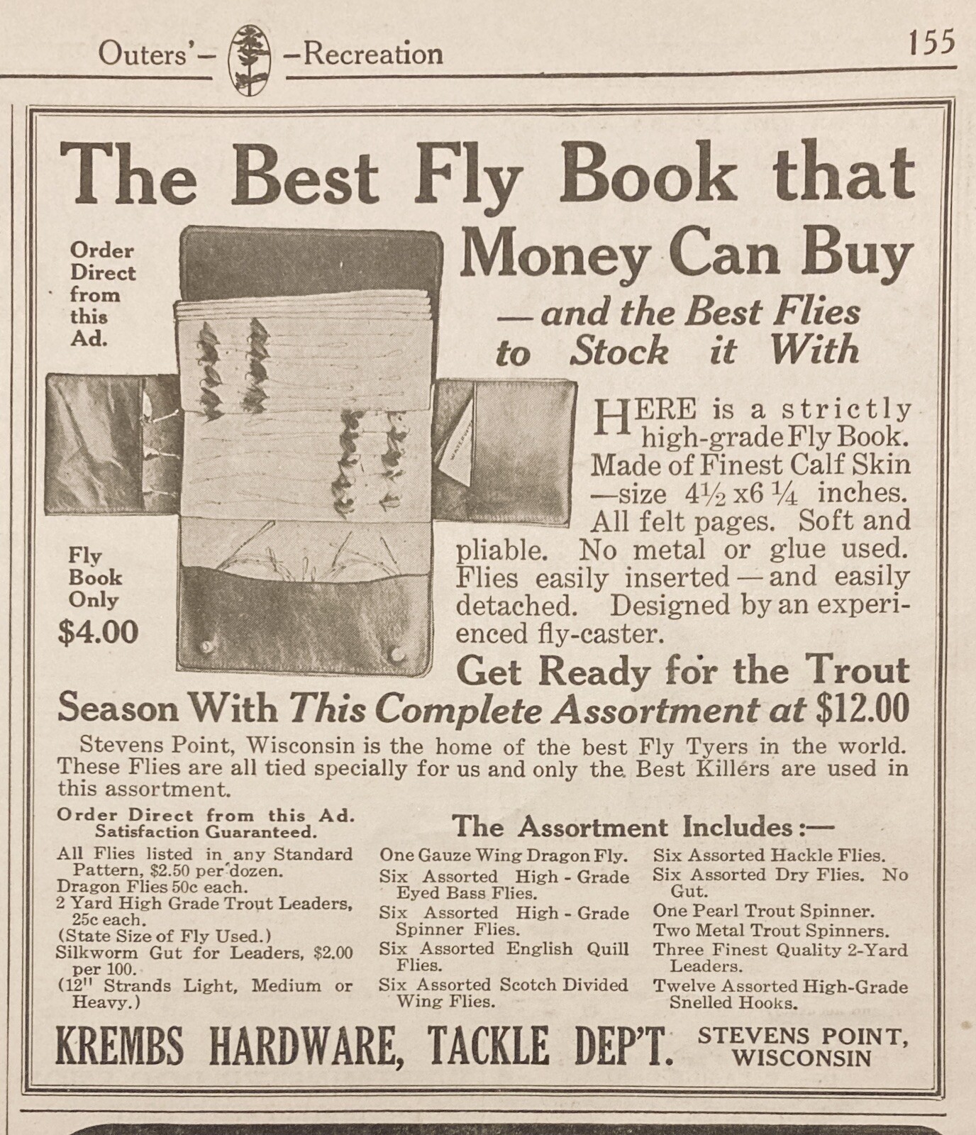 1921 AD.(XG4)~KREMBS HARDWARE CO. STEVENS POINT, WIS. CALF SKIN FLY BOOK