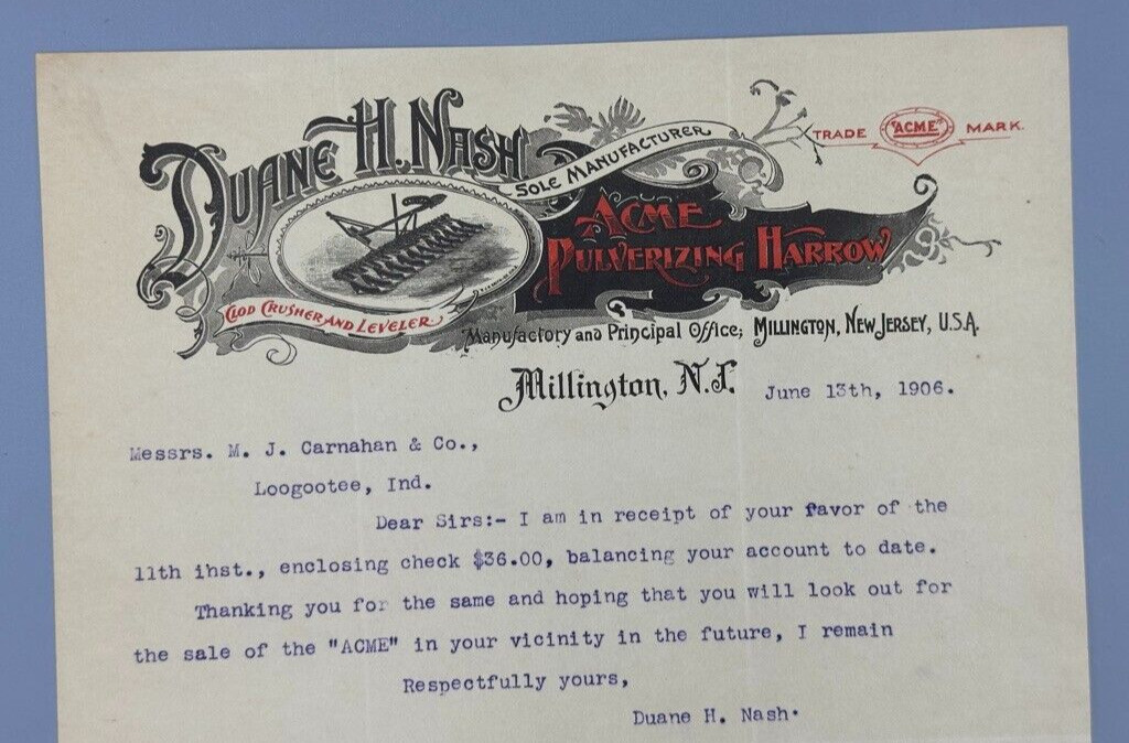 1906 ACME HARROW Duane Nash MILLINGTON NJ Farm Advertising Illustrated Letter