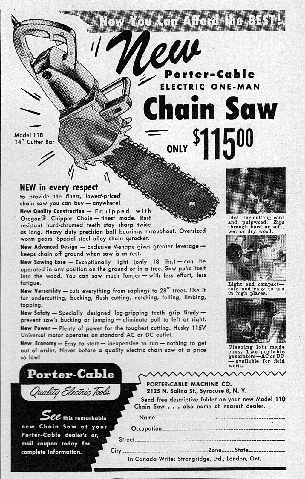1954 Porter-Cable Chainsaw Original Print Ad