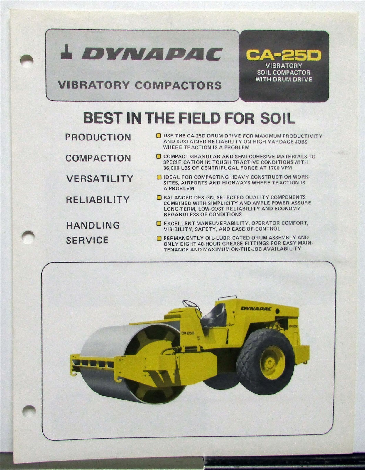 1980 Dynapac CA-25D Vibratory Soil Compactor Specs Construction Sales Data Sheet