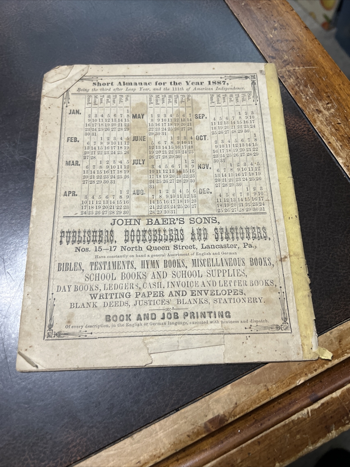 HTF 1887 Lancaster Pa Almanac J. Baer’s & Sons Booksellers