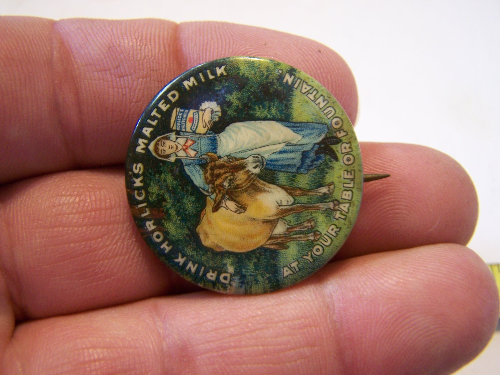 HORLICK’S MALTED MILK Celluloid Pinback Farm Dairy Jersey Cow Whitehead Hoag