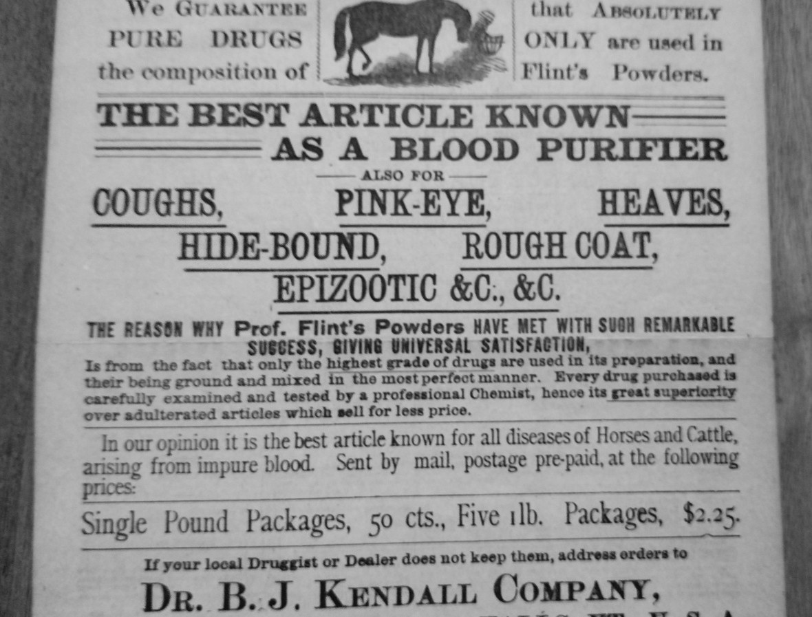 1893 Prof. Flint’s Horse and Cattle Powders 2 Sided Ad Enosburg Falls, VT