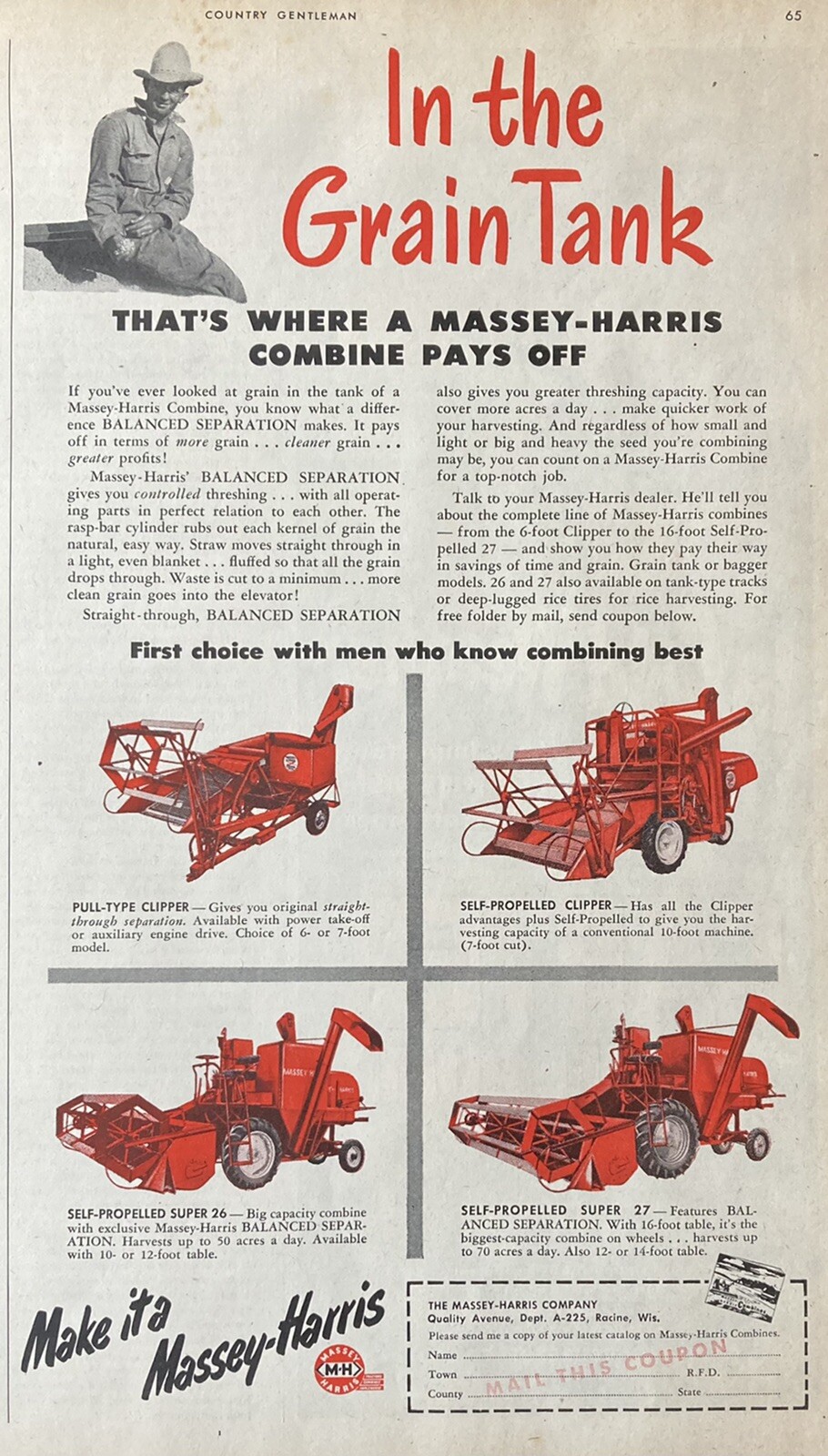 1951 AD(XG14)~MASSEY-HARRIS CO. RACINE, WIS. MASSEY-HARRIS COMBINES