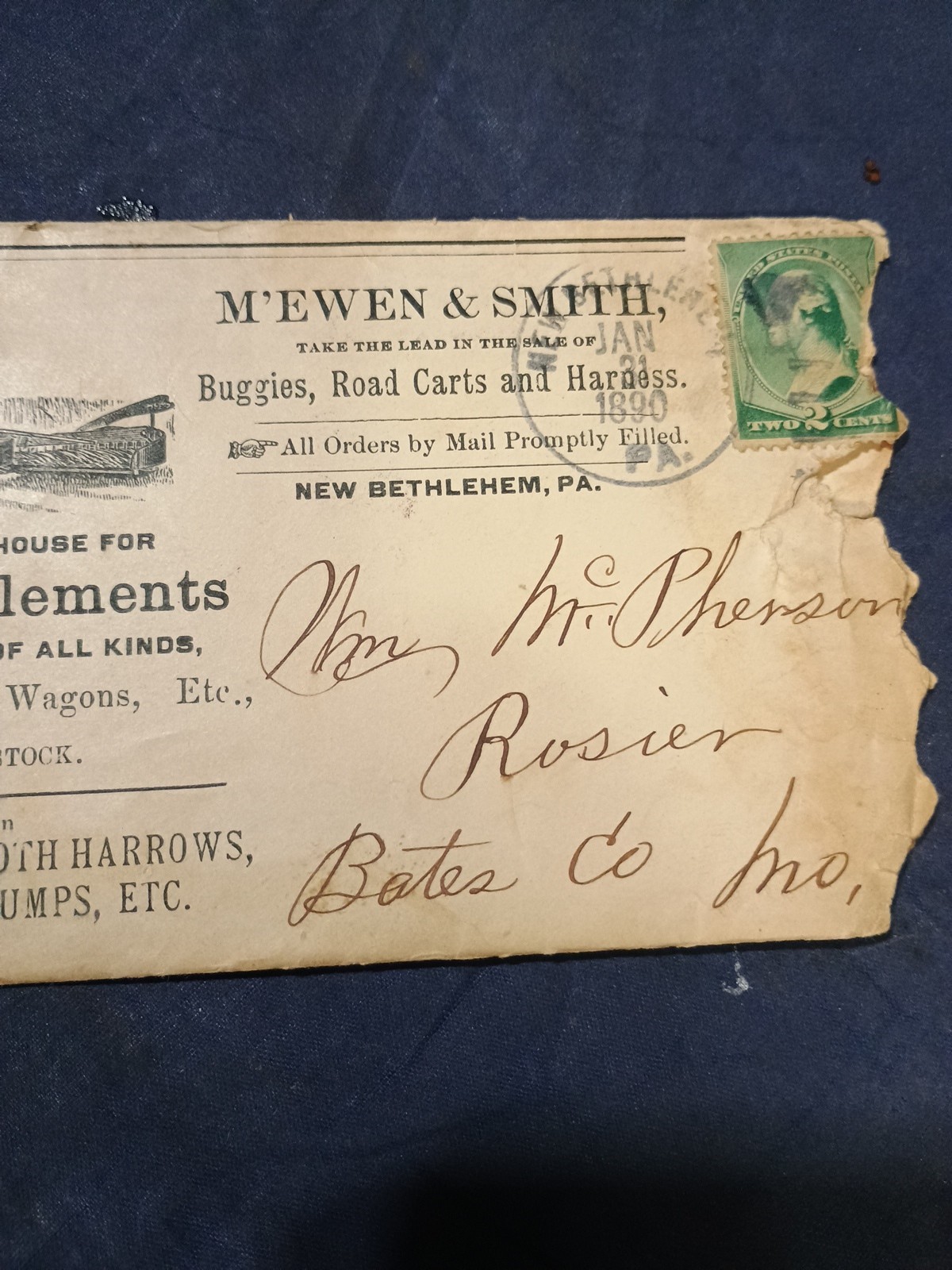 Vintage 1890 M’EMEN & SMITH Farm Implements,Letter & Envelope