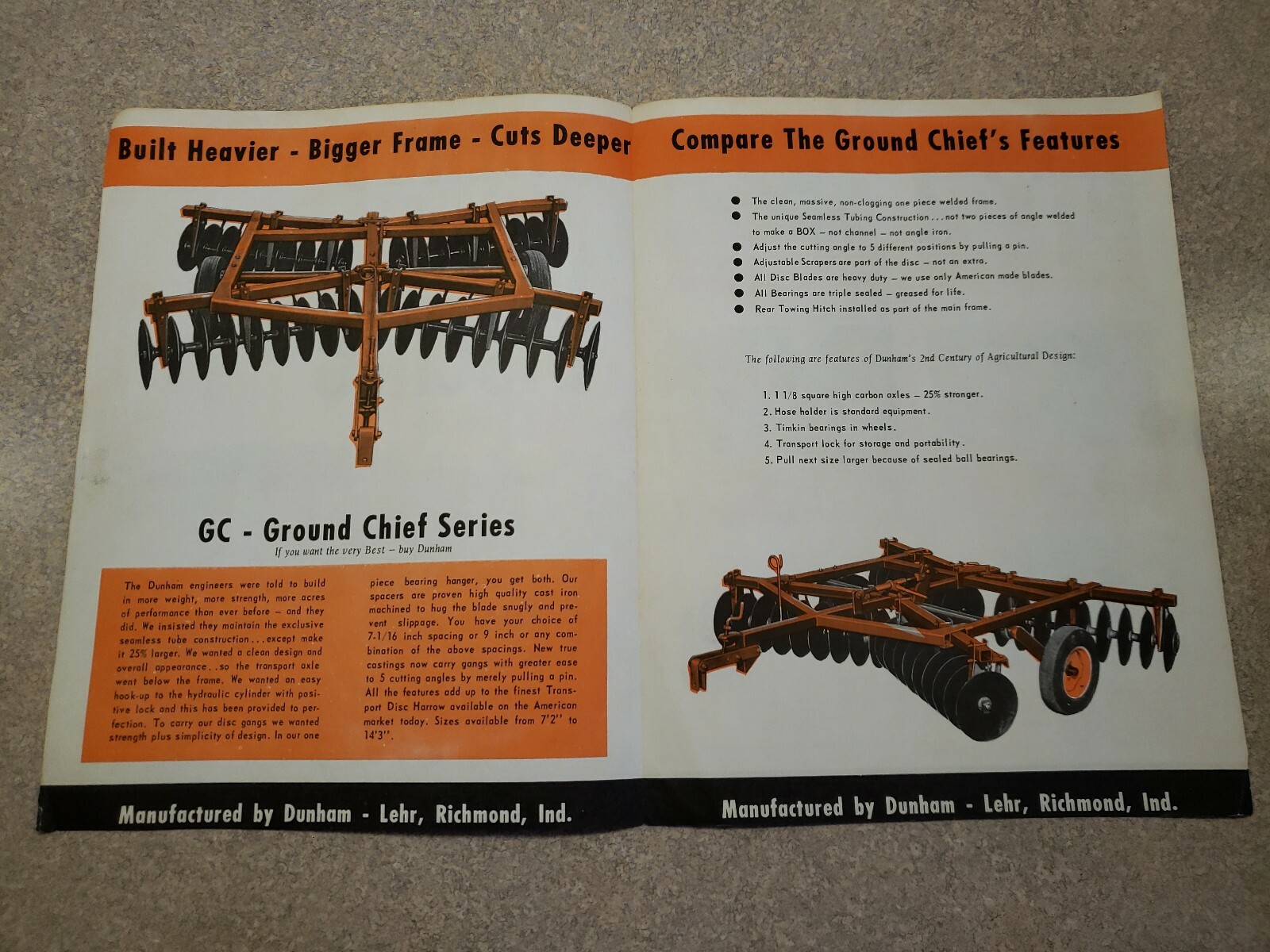 Old 1950s Dunham Ground Chief Transport Discs Farm Equipment Sales Brochure