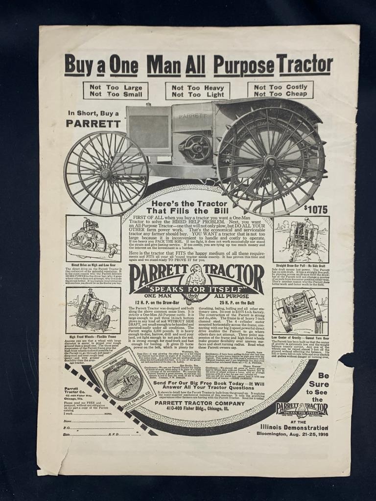 Magazine Ad* – 1916 – Parrett Tractor Co., Chicago, IL