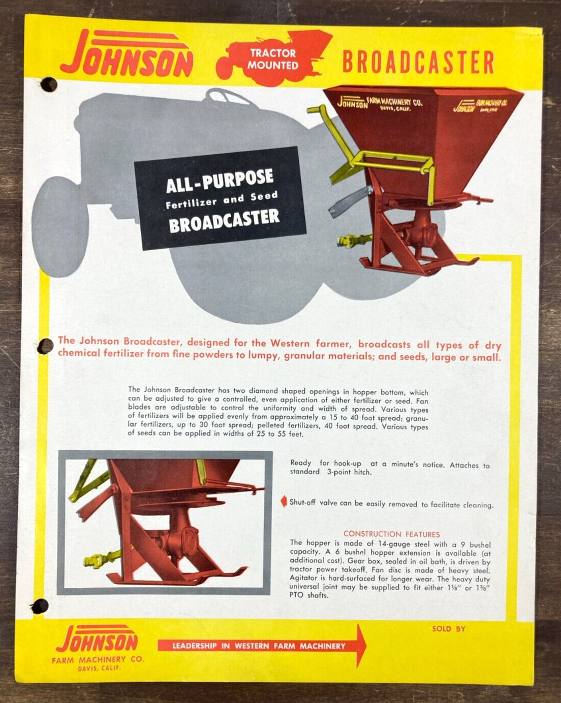 Johnson Farm Machinery Fertilizer Seed Broadcaster 60’s Sales Sheet Ad Brochure