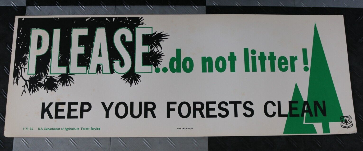 Vintage 1971 U.S. Department of Agriculture 44″x16″ cardboard sign clean forest