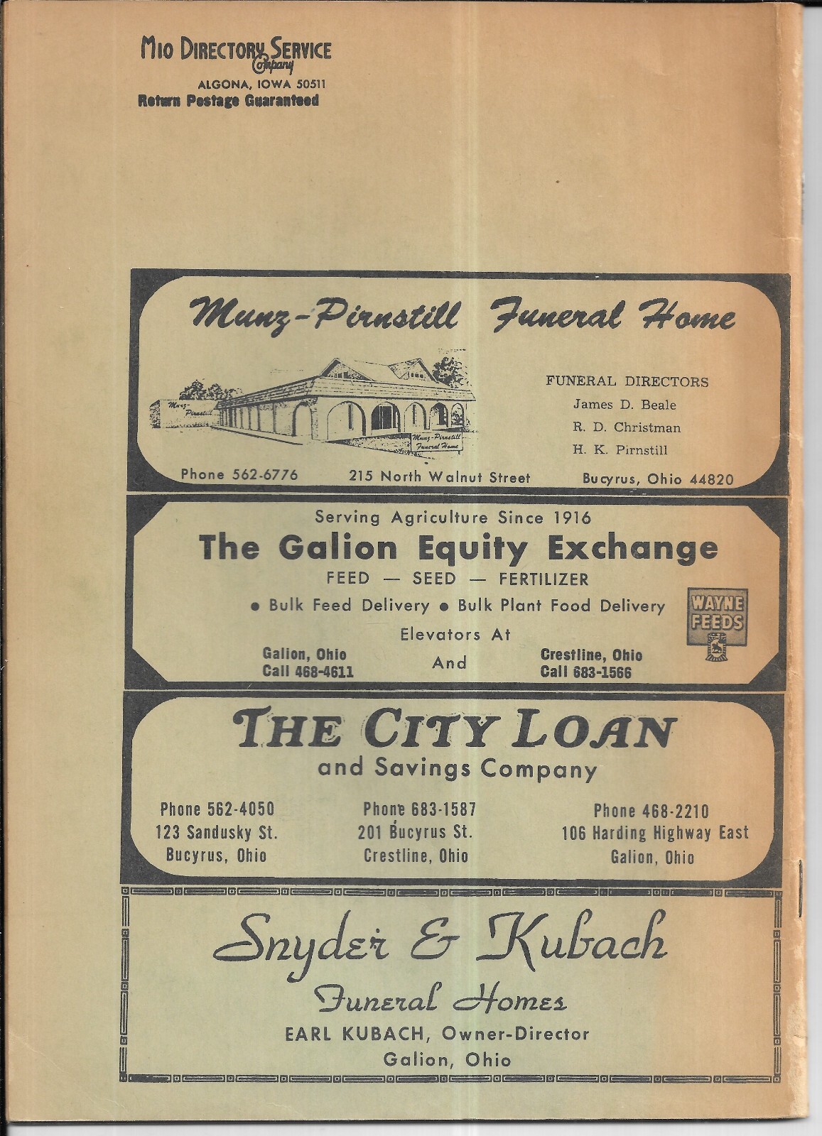 1970 OFFICIAL RURAL FARM DIRECTORY Crawford County Ohio, OH, Mio Directory