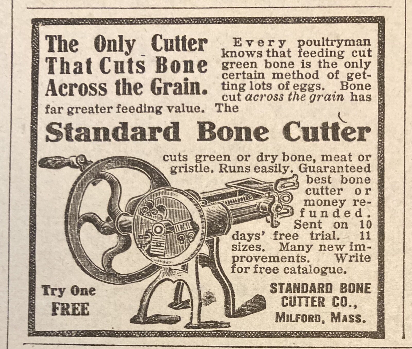 1909 AD.(XH13)~STANDARD BONE CUTTER CO. MILFORD, MASS. FOR POULTRY FEED