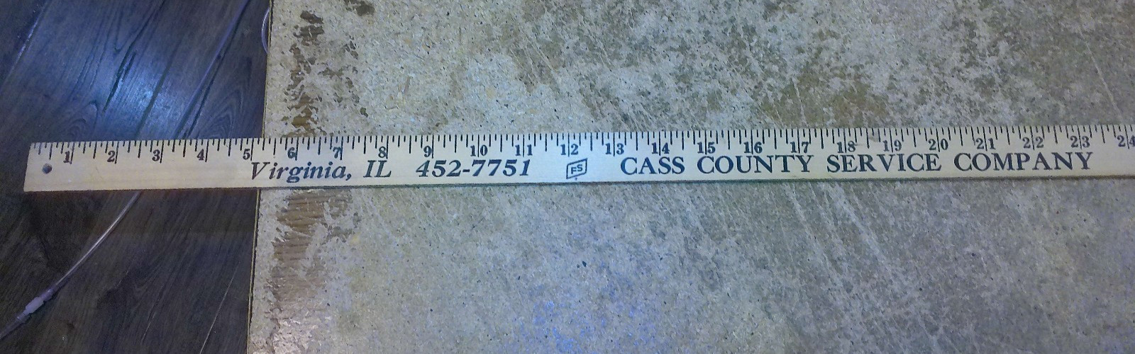 36″ long wood yardstick F.S. cass county service co. virginia,il. used