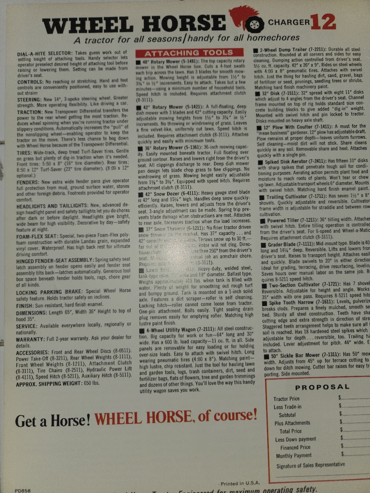 WHEEL HORSE CHARGER 12 DEALER AD WITH SPECIFICATIONS DOUBLE SIDED