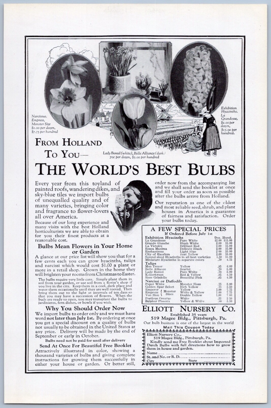 1922 Elliott Nursery Vintage Ad Pittsburgh PA Tulip Bulbs Holland Flowers Garden