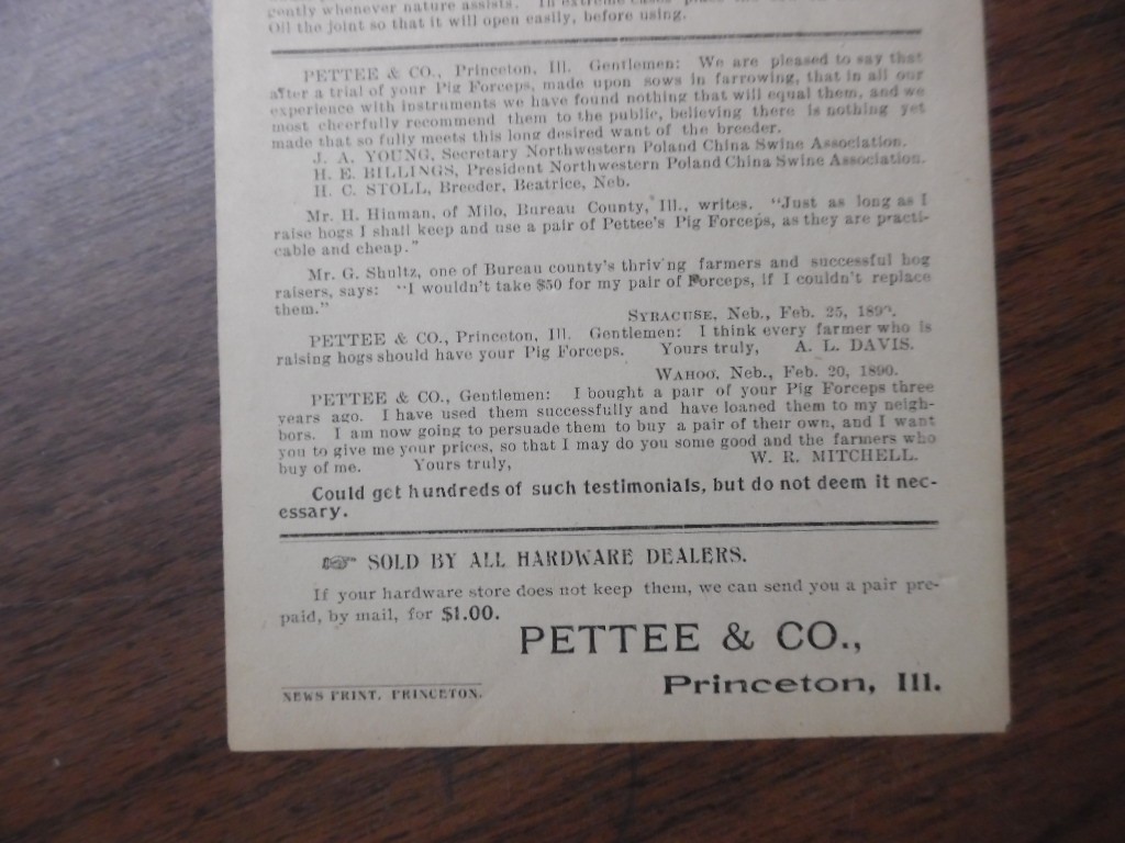 1890 Pettee’s Pig Forceps Advertising Broadside Princeton IL Veterinary Antique