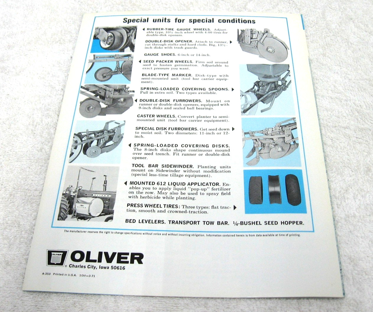 VINTAGE 1971 OLIVER TRACTOR 343 PLANTING UNITS BROCHURE ORIGINAL