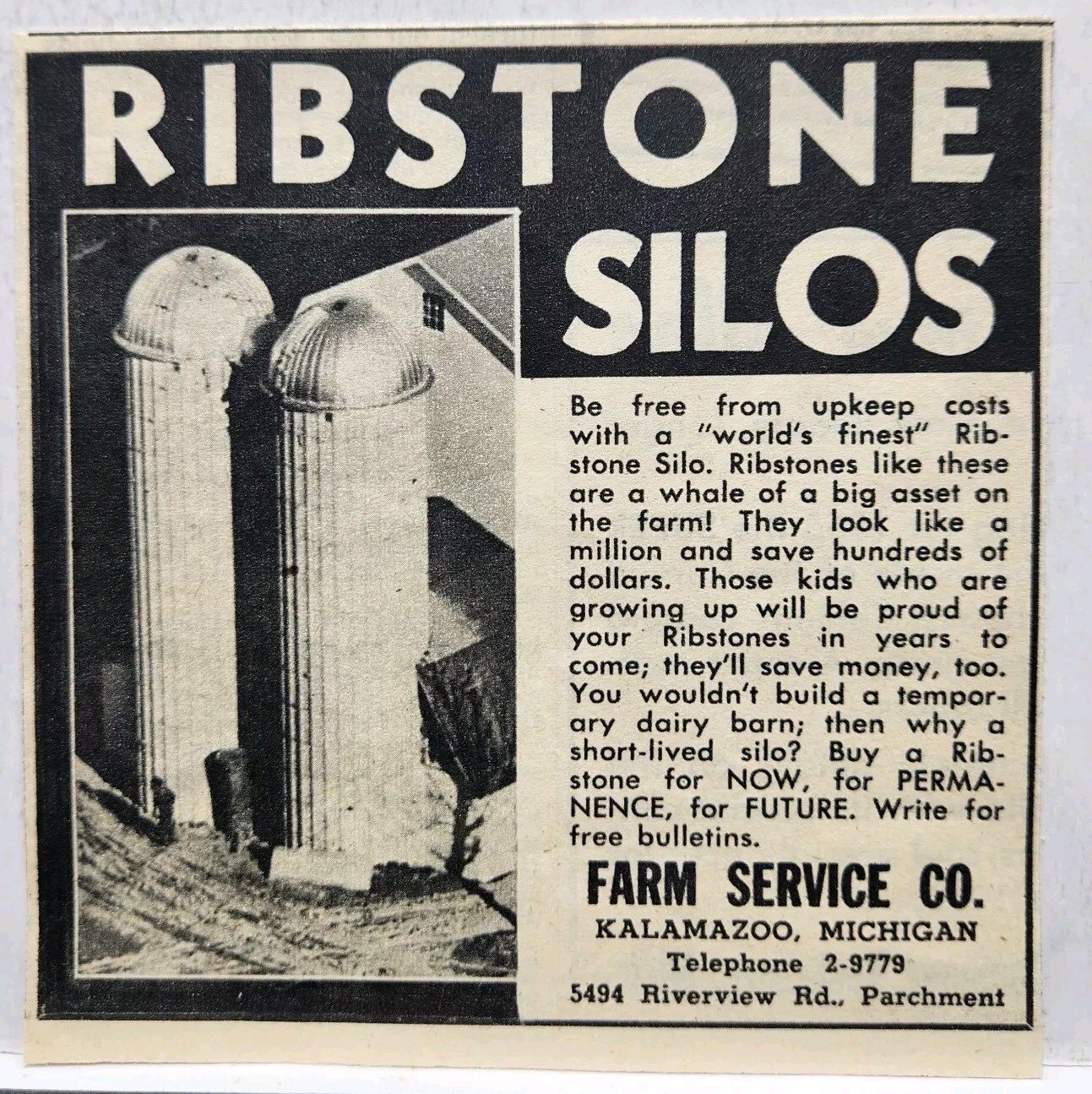 1954 Ribstone Silos Farmer Farm Service Co Print Ad Kalamazoo MI 4 1/2″