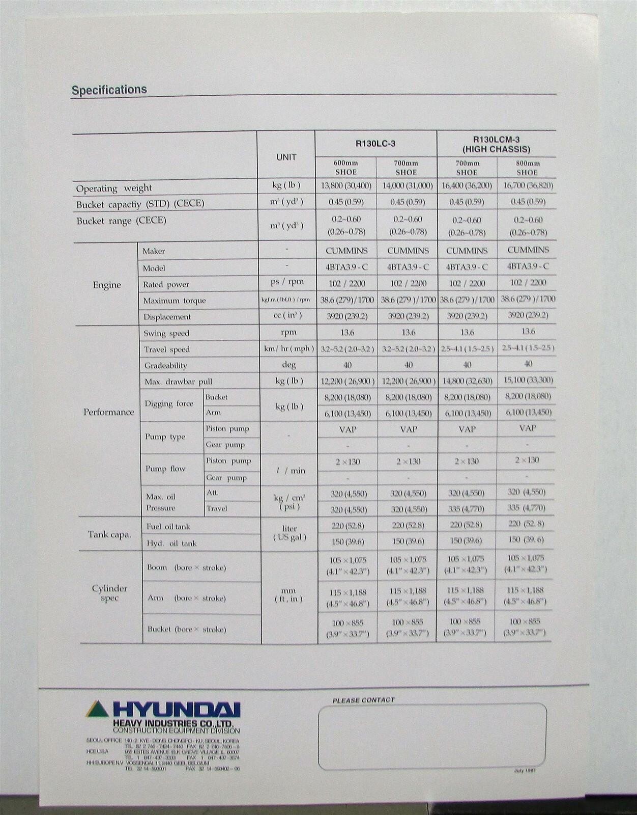 1998 Hyundai Robex 130LC-3 High Chassis Excavator Construction Sales Brochure